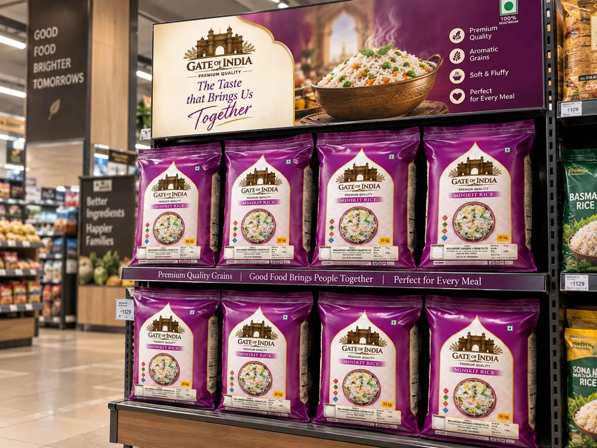 Gate of India rice packs stocked on a branded retail shelf in a supermarket aisle.