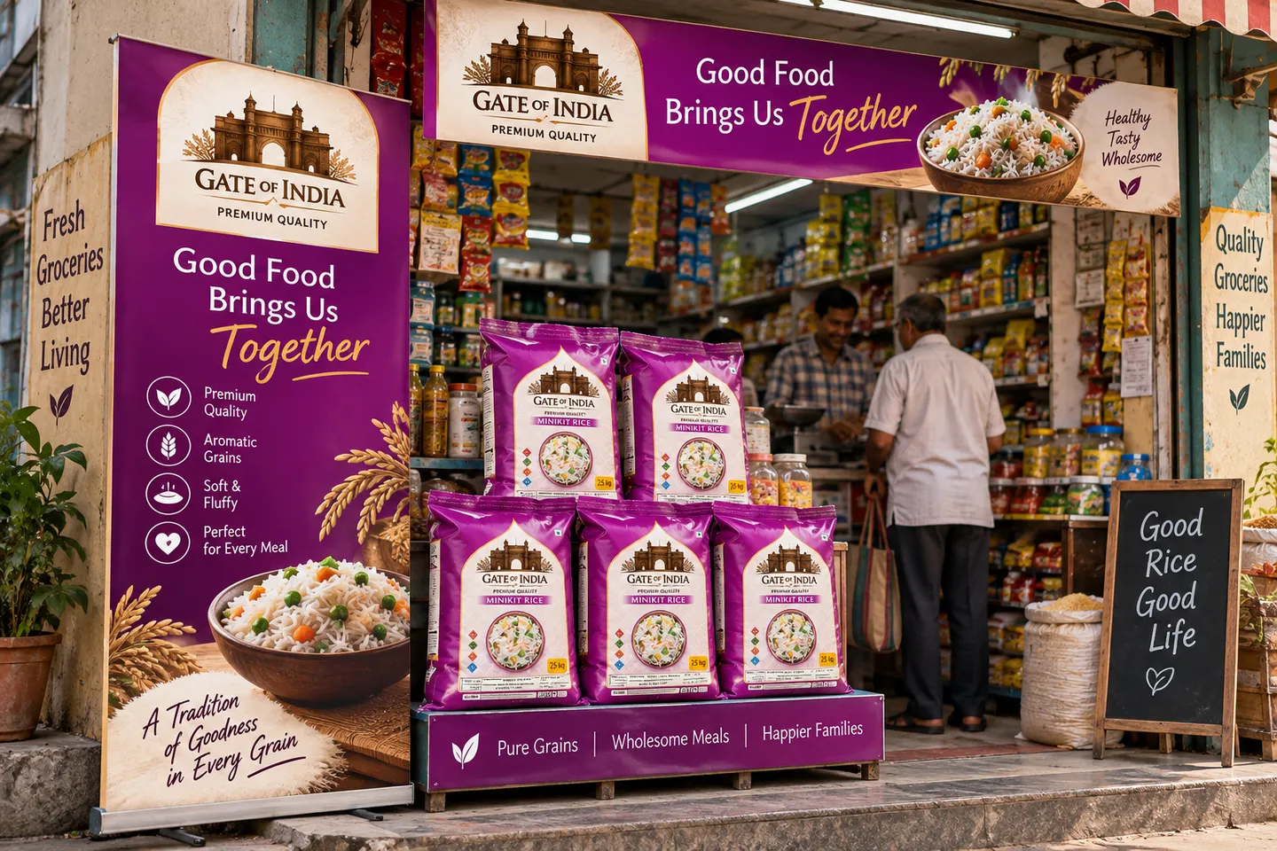 Gate of India Minikit Rice 26 kg value packs on a branded two-tier retail display in a supermarket aisle.