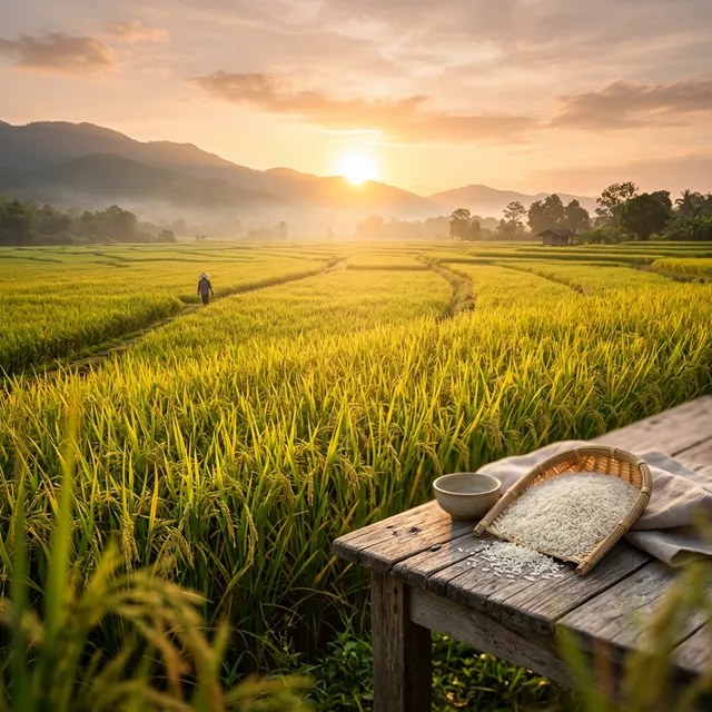 Rice fields at sunrise with a bowl of rice in the foreground